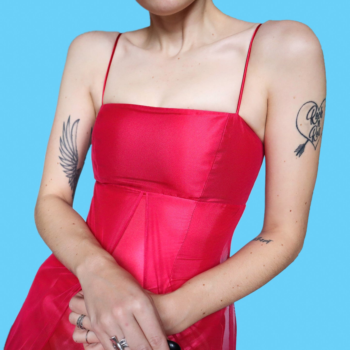 Red satin ombré evening dress UK 8