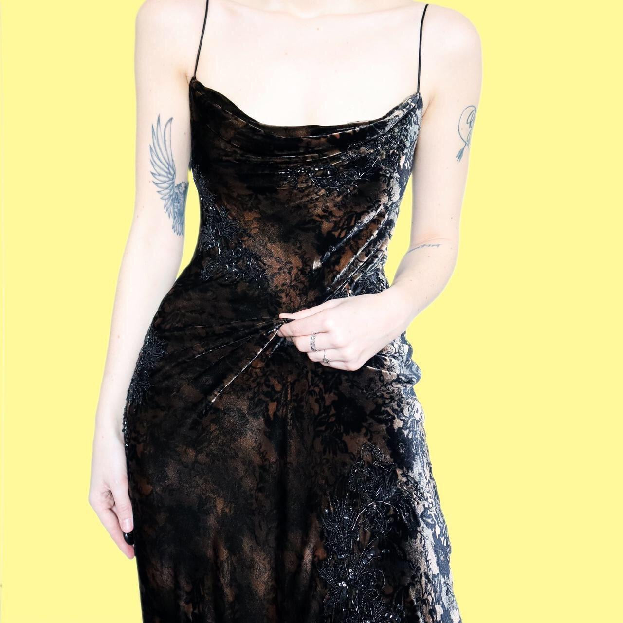 Beautiful silk blend brown & black velvet beaded evening dress UK 16