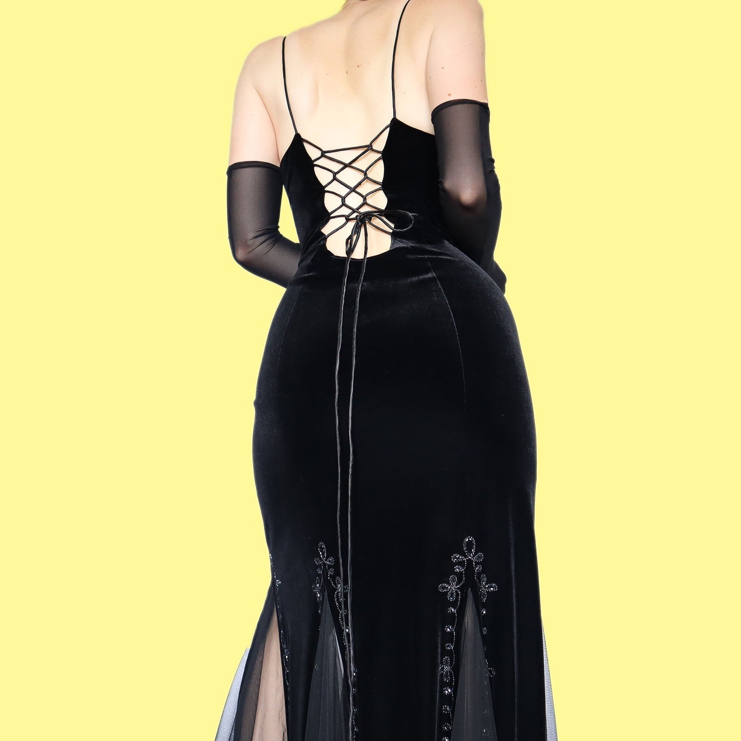 Beautiful black velvet stretch lace up evening dress UK 10