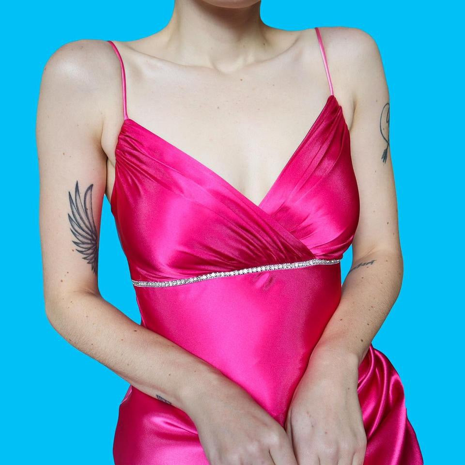 Silky pink ombré diamanté evening dress UK 14