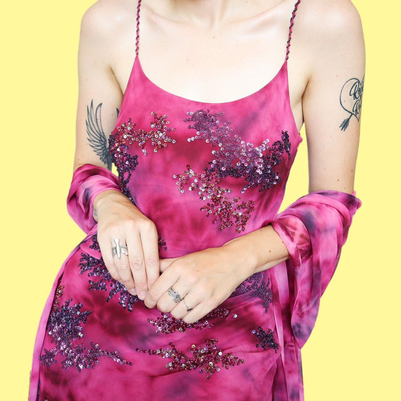 Pink 100% silk tie dye midi dress with shawl UK 12