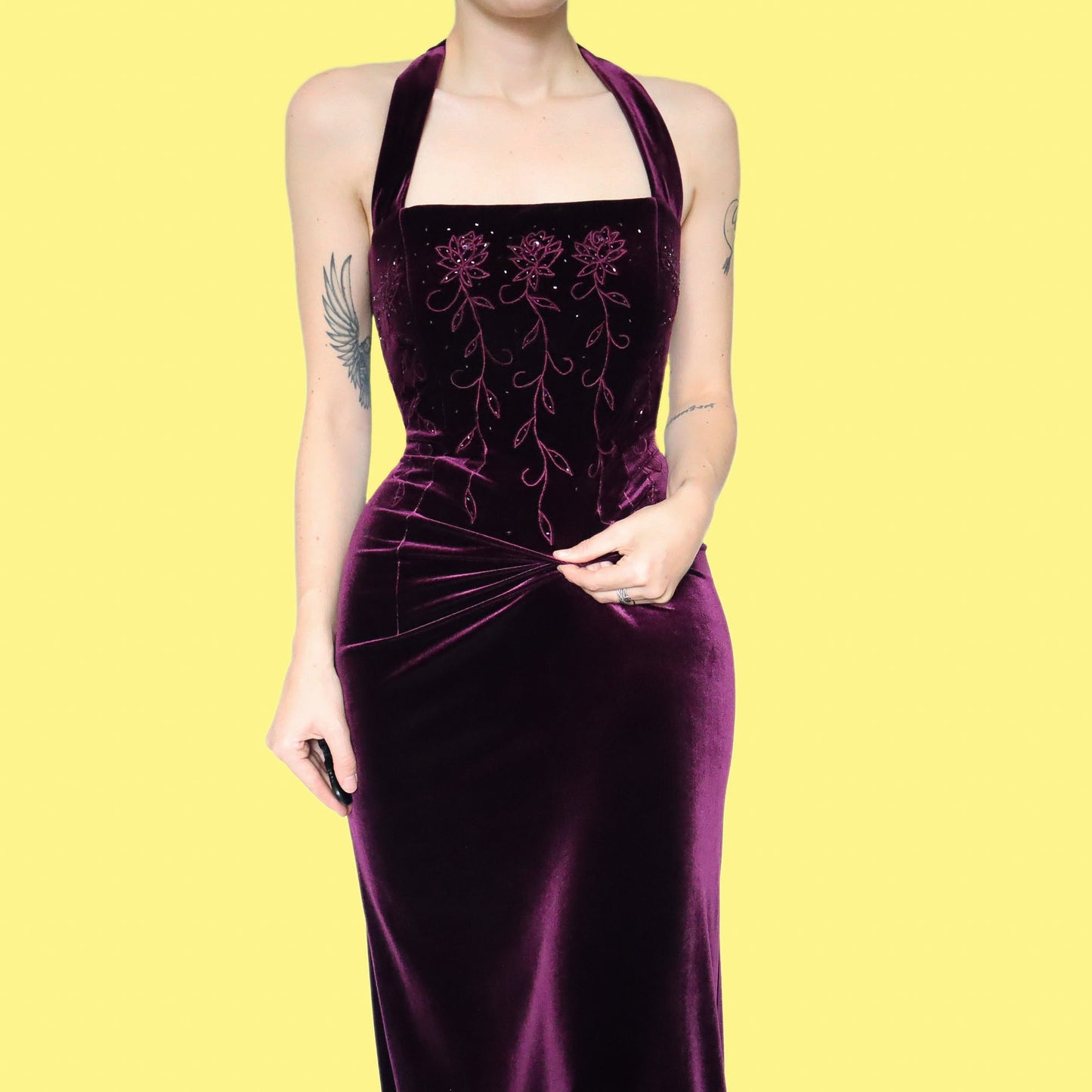 Purple velvet sheer back evening dress UK 12