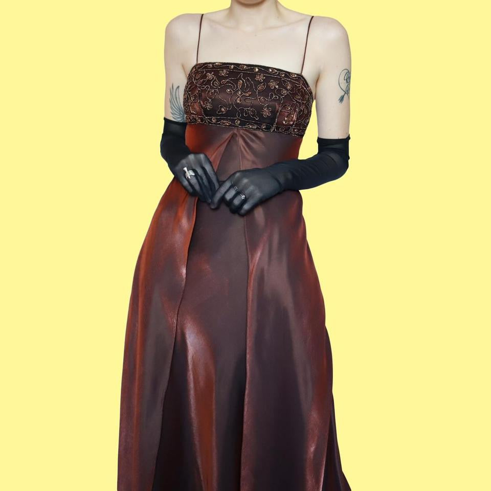 Golden bronze silky evening dress UK 8