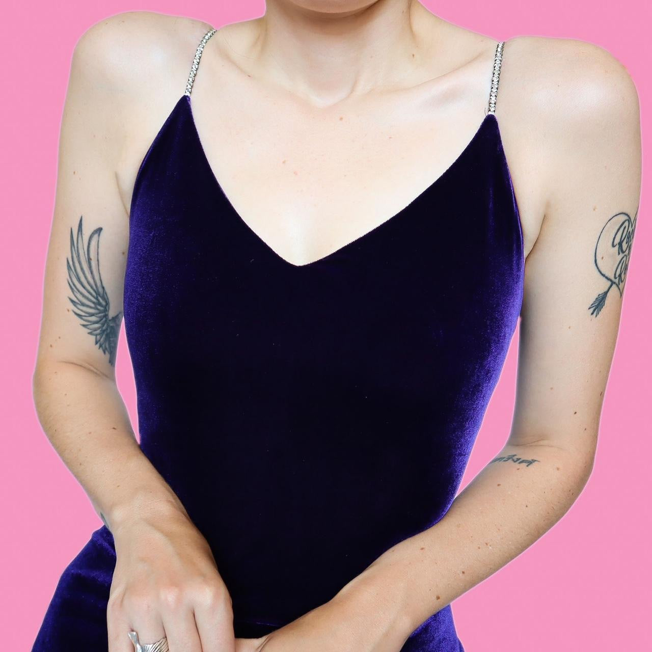 Purple velvet diamanté evening dress UK 12