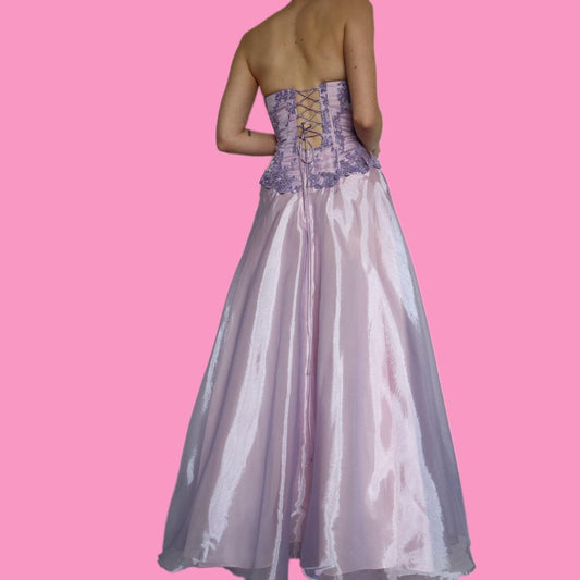 Beautiful a-line shimmery lilac lace corset evening dress UK 12