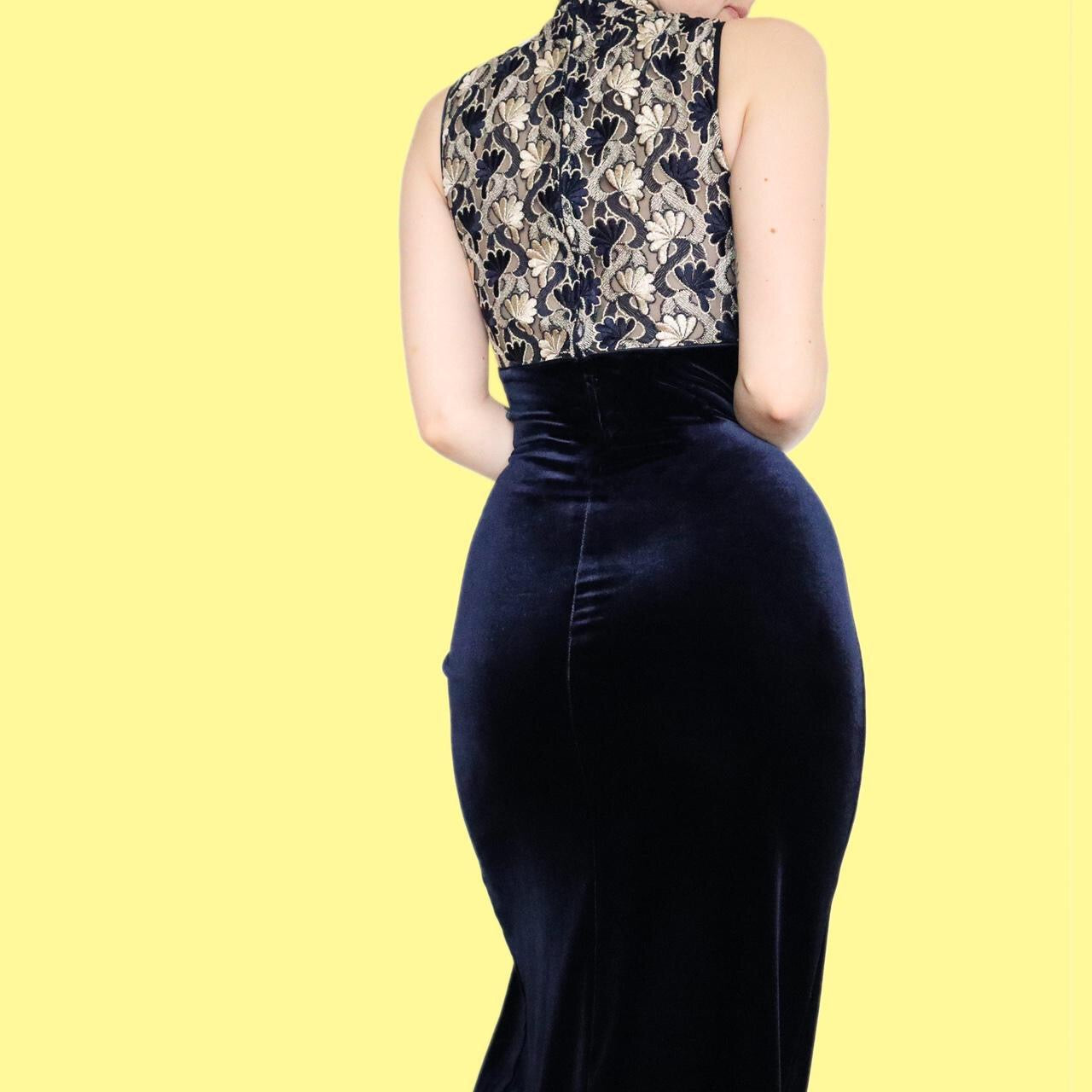 Beautiful YVE London navy velvet cheongsam style evening dress UK 14