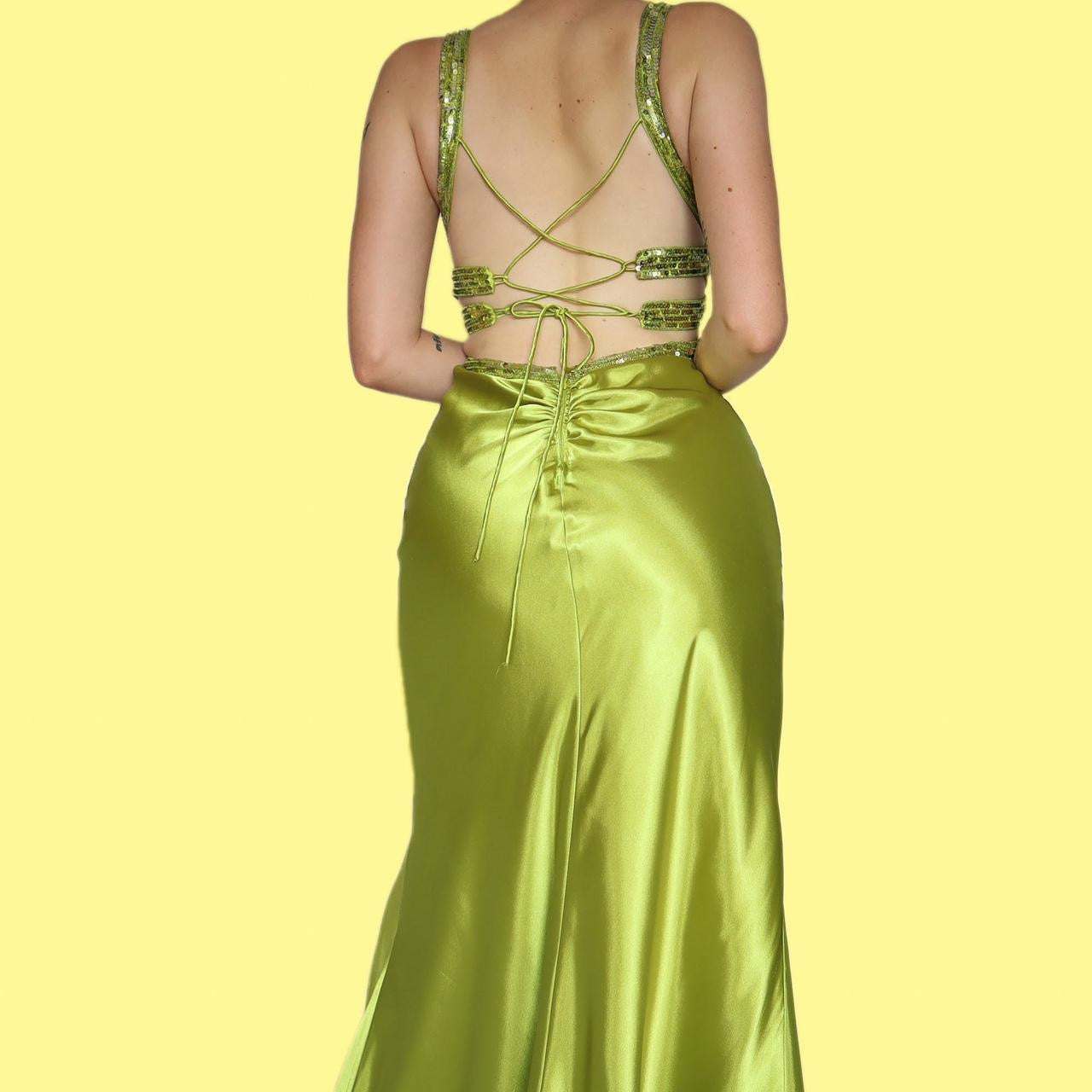 Green satin sequin evening prom dress UK 10