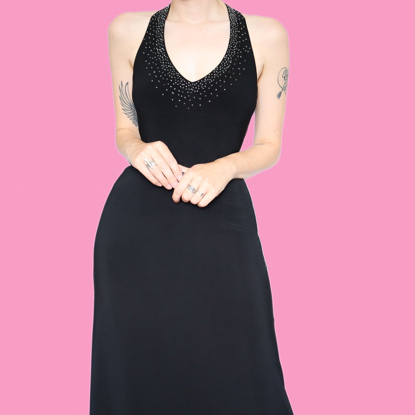 Beautiful black stretch beaded open back evening dress UK 14