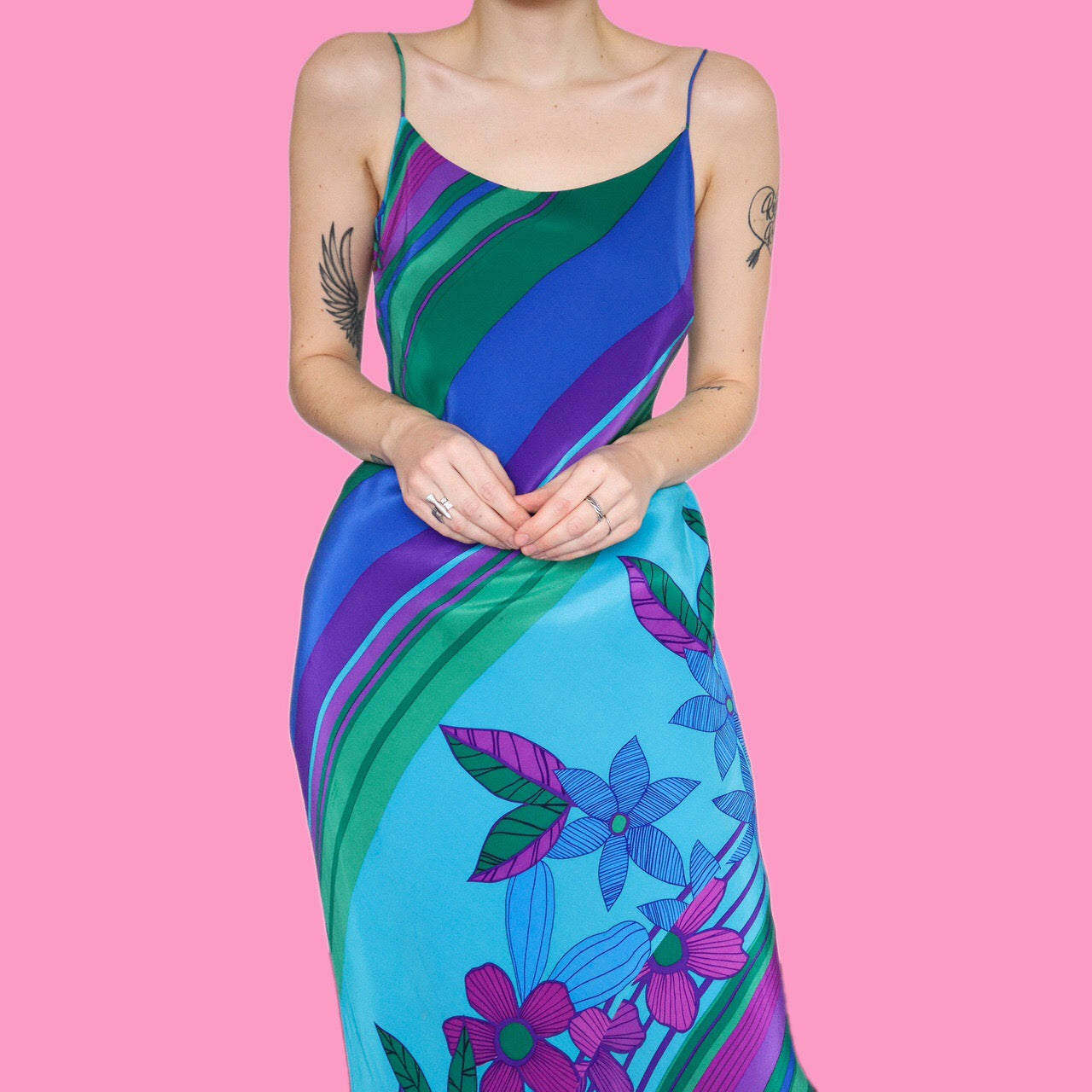 Beautiful 100% silk floral stripe print slip dress UK 10