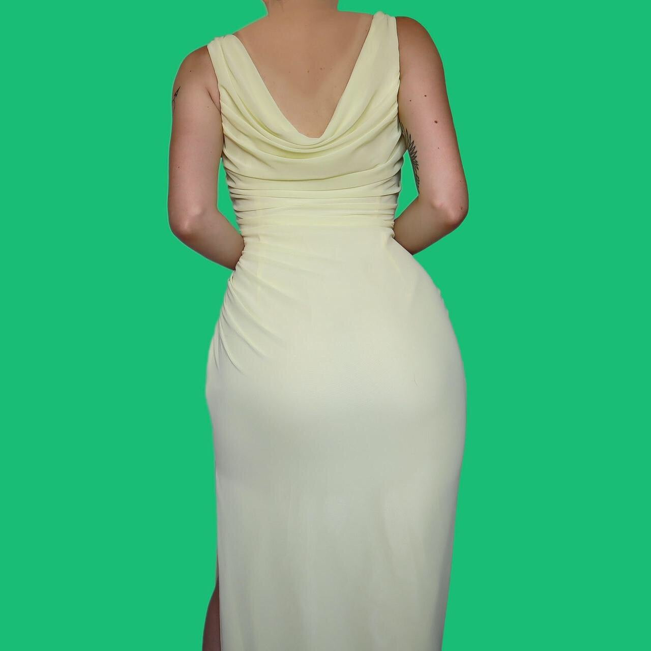 Stunning yellow draped chiffon DUSK by Frank Usher evening dress UK 12