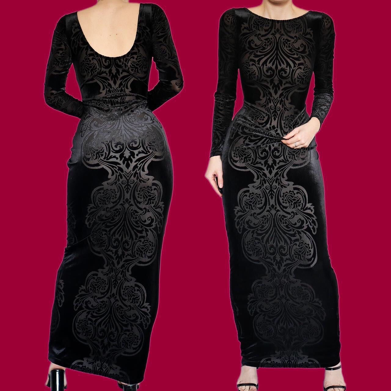 Beautiful black velvet print long sleeve evening dress UK 12
