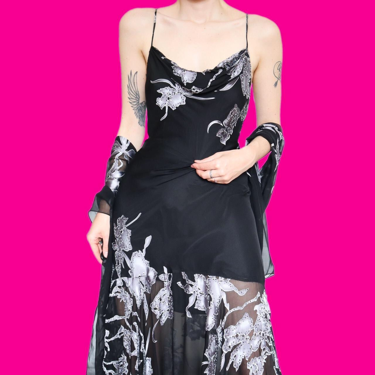 Beautiful silk blend floral slip evening dress with shawl UK 12