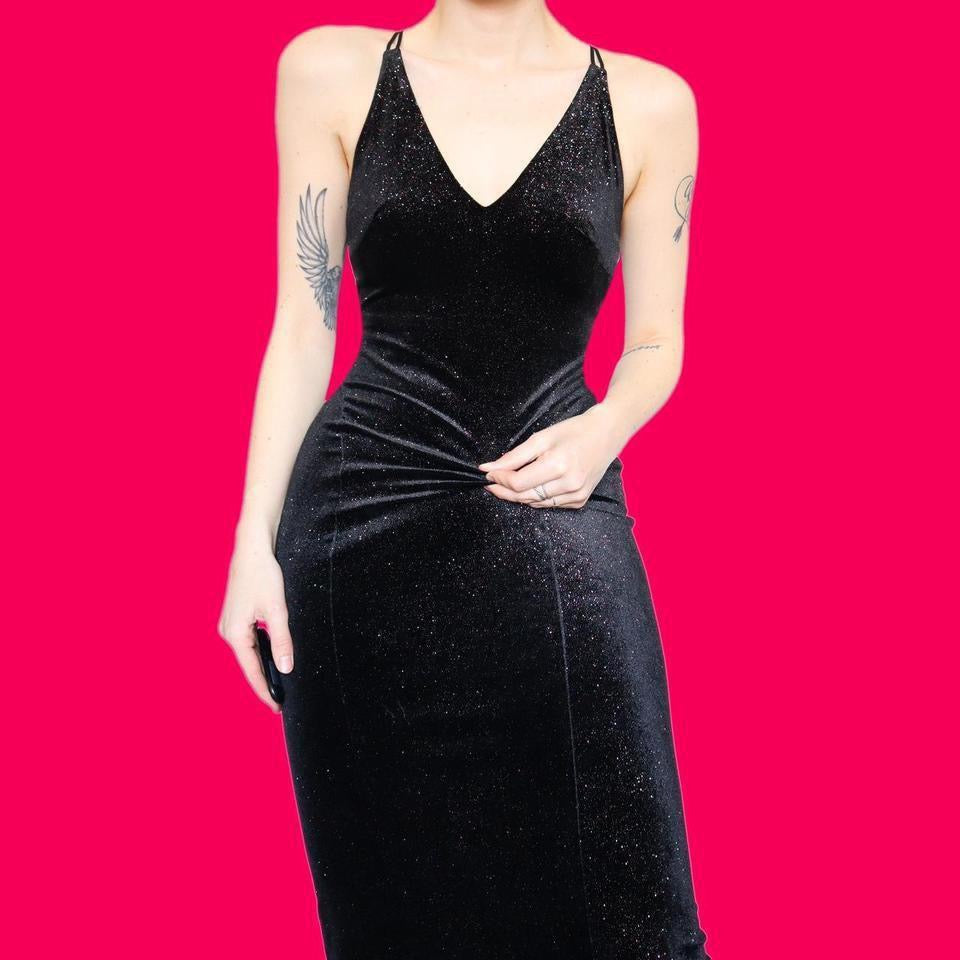 Black glittery velvet stretch evening dress UK 12