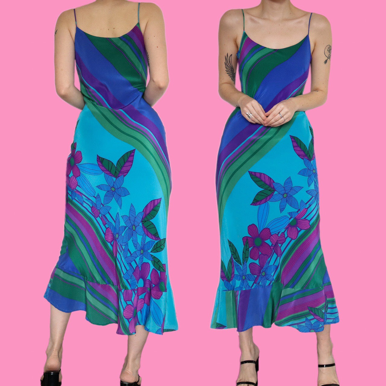 Beautiful 100% silk floral stripe print slip dress UK 10