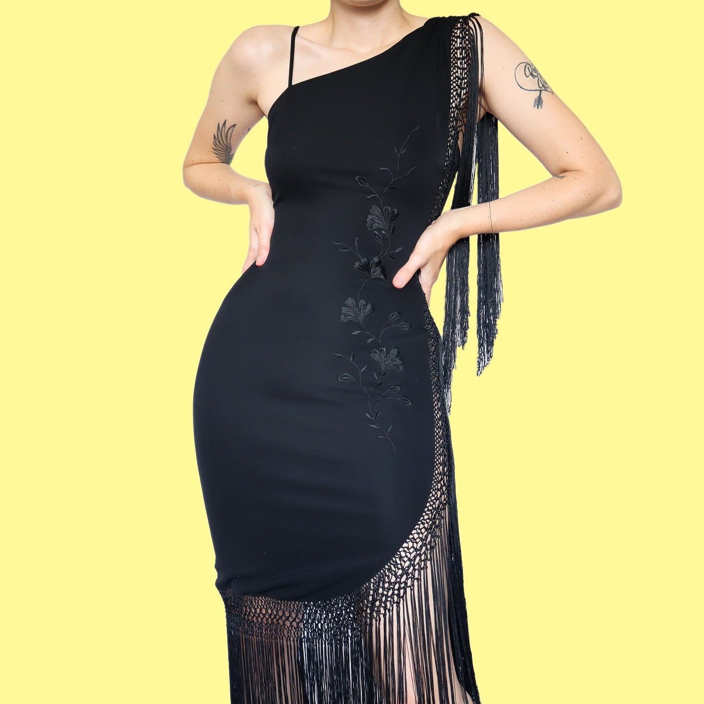 Black stretch fringed evening dress UK 12