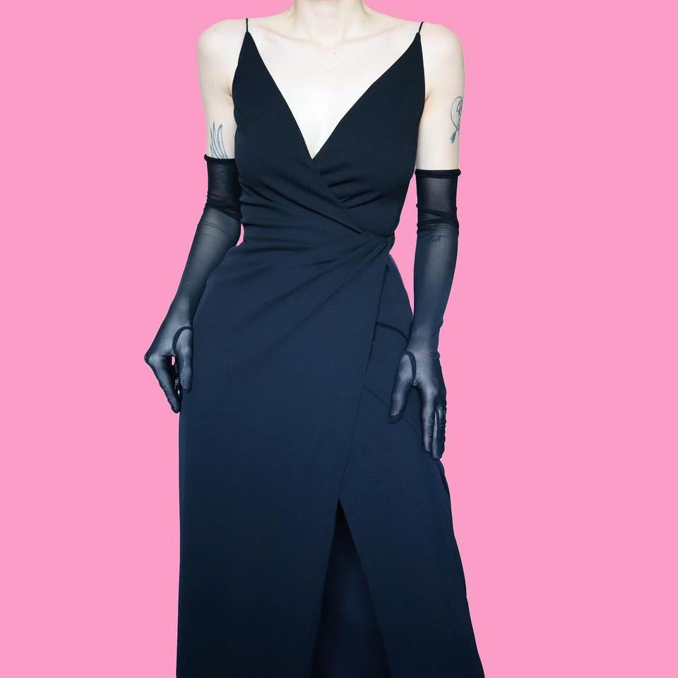 90s black wrap style evening dress UK S