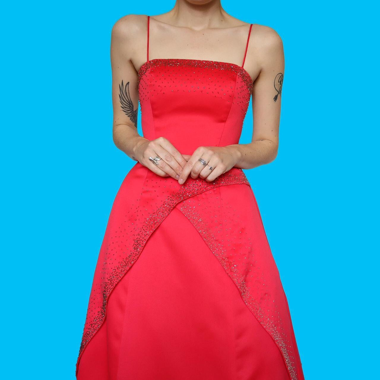 Beautiful Morgan & Co red a line beaded evening dress UK 10