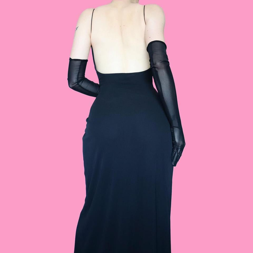90s black wrap style evening dress UK S