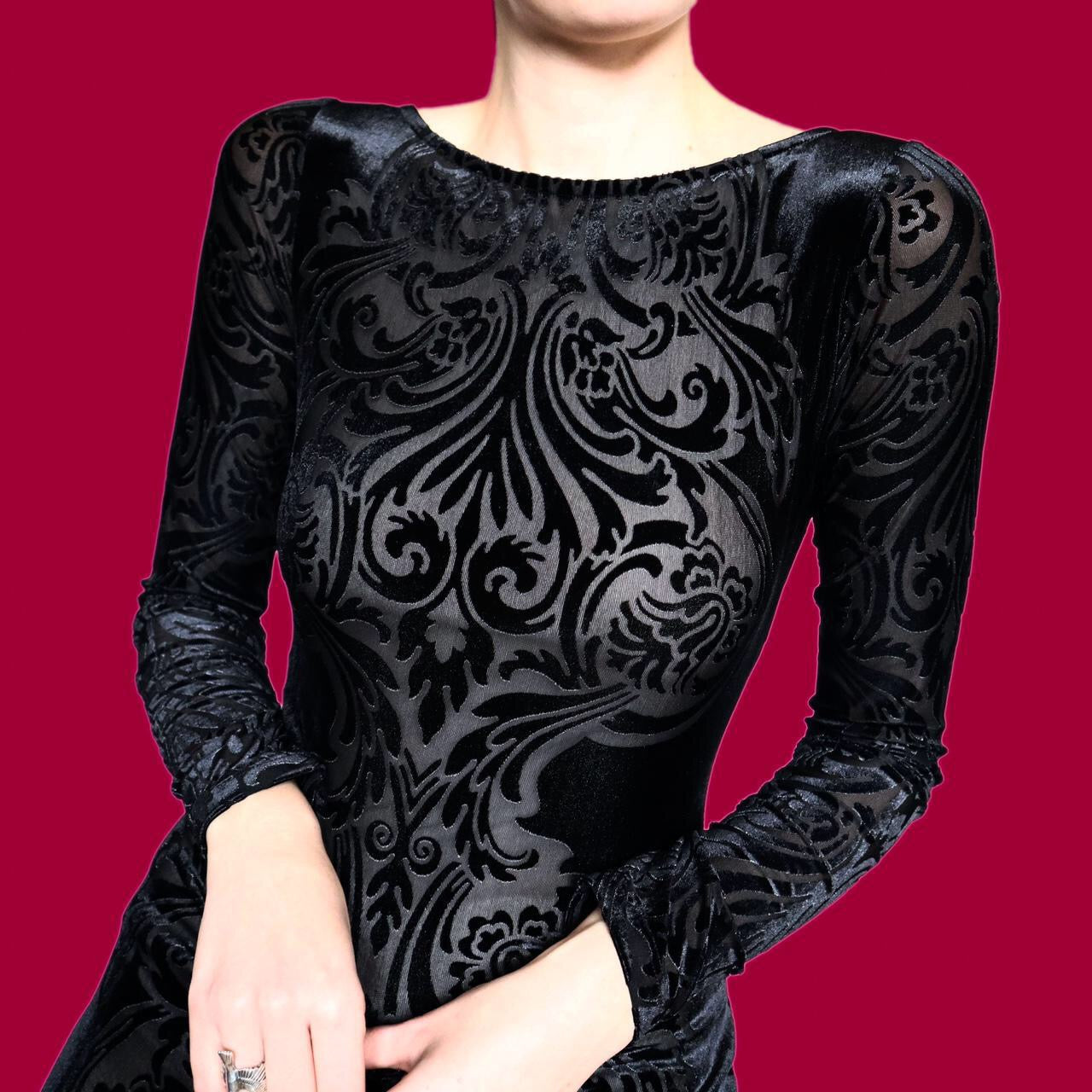 Beautiful black velvet print long sleeve evening dress UK 12