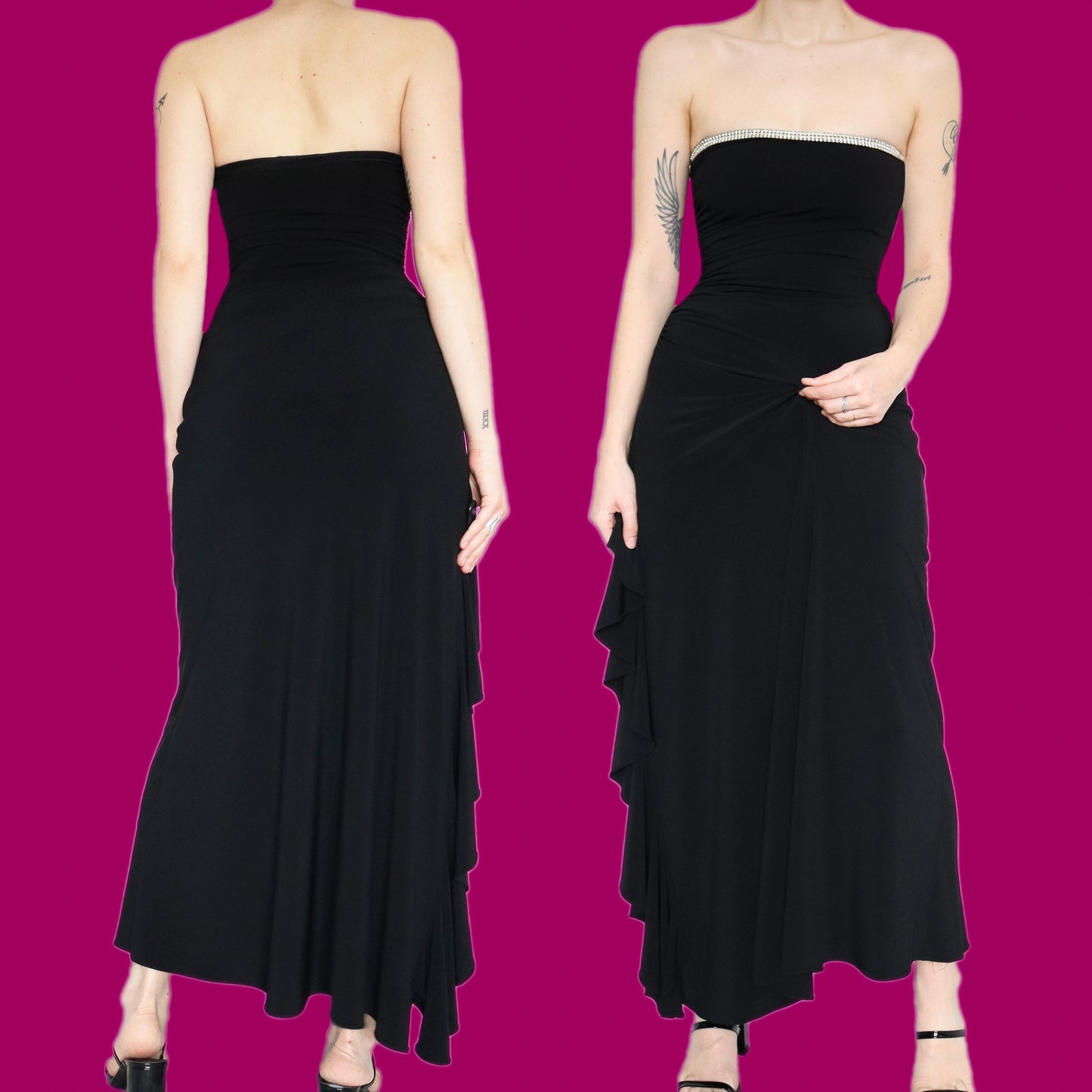 Beautiful black stretch strapless diamanté evening dress UK 8