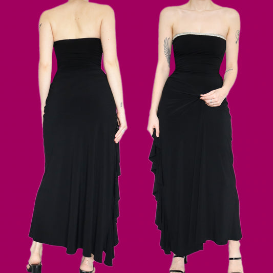 Beautiful black stretch strapless diamanté evening dress UK 8