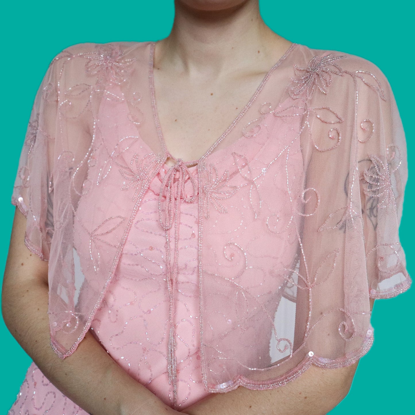 Cute baby pink Etam beaded 2 piece party dress UK 8