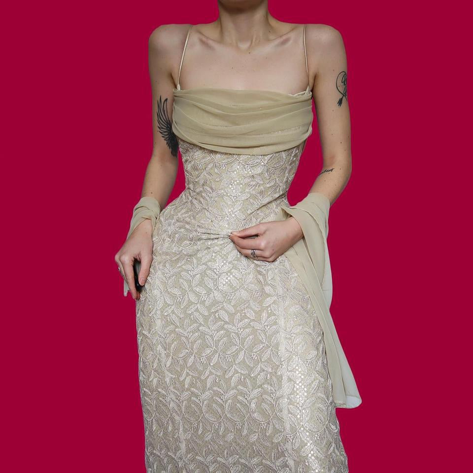 Champagne lace & sequin evening dress & shawl UK 16