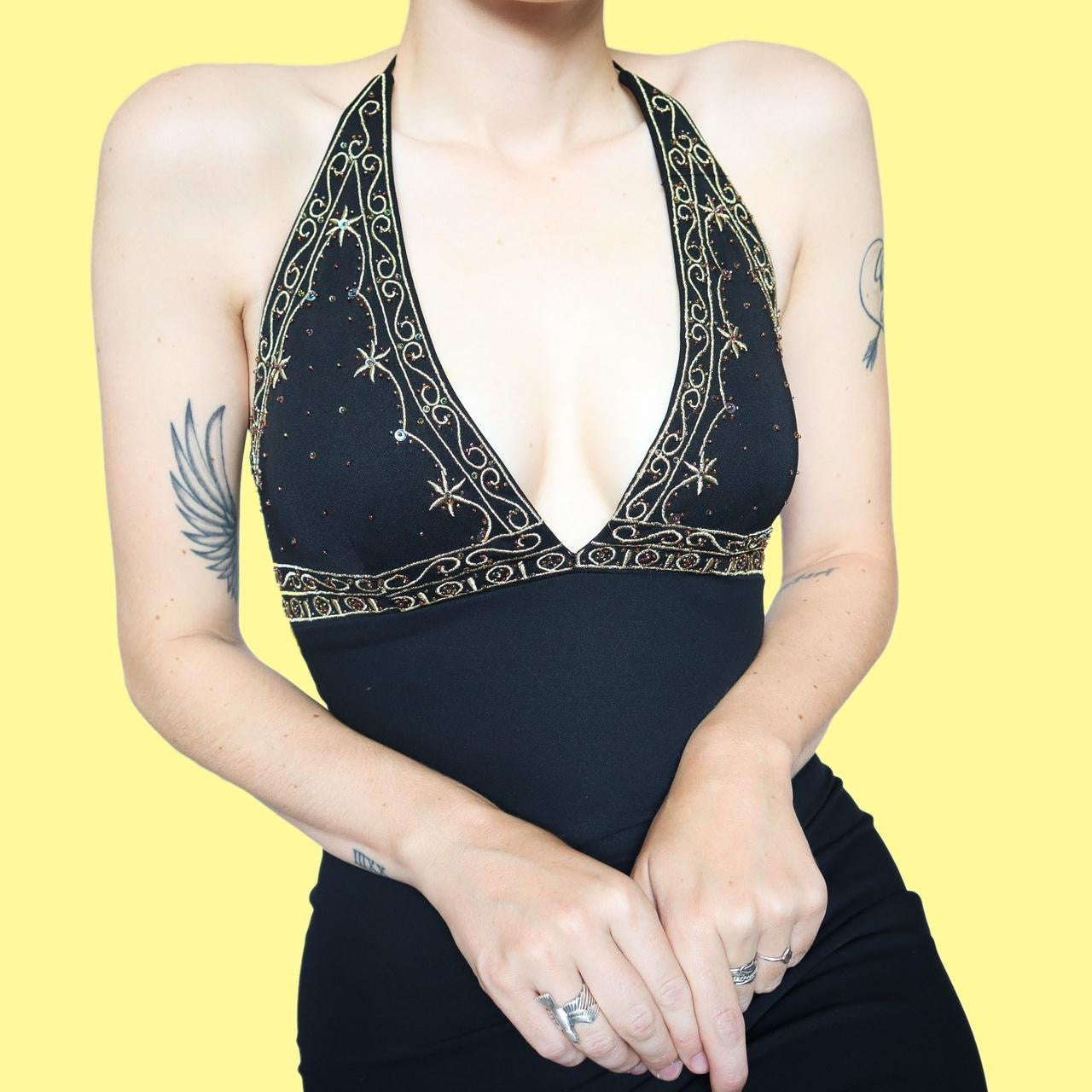 Black stretch halter neck evening dress UK 8