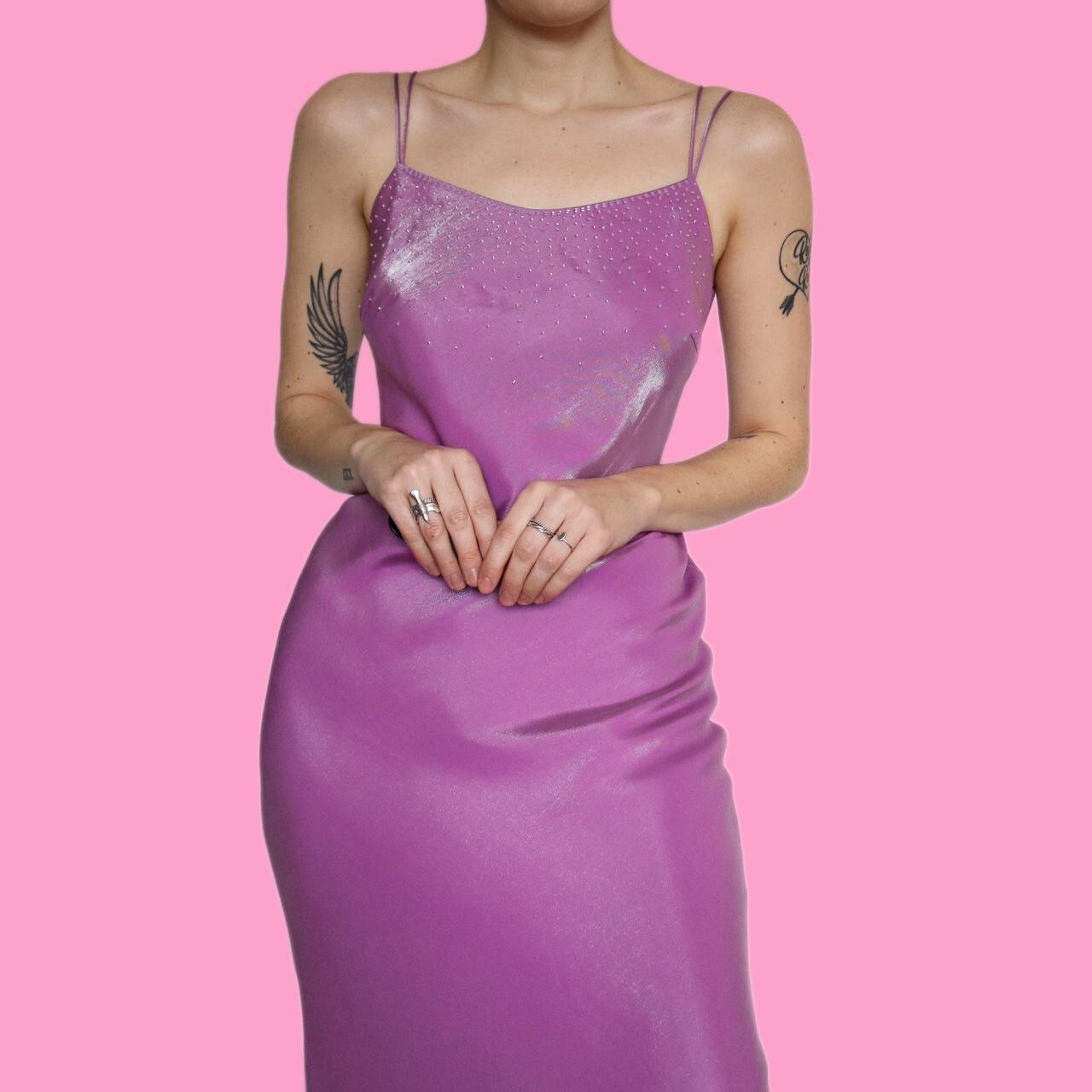 Stunning purple silky beaded evening dress UK 10