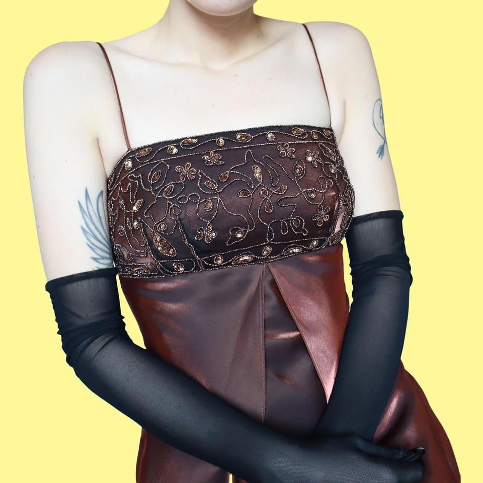 Golden bronze silky evening dress UK 8