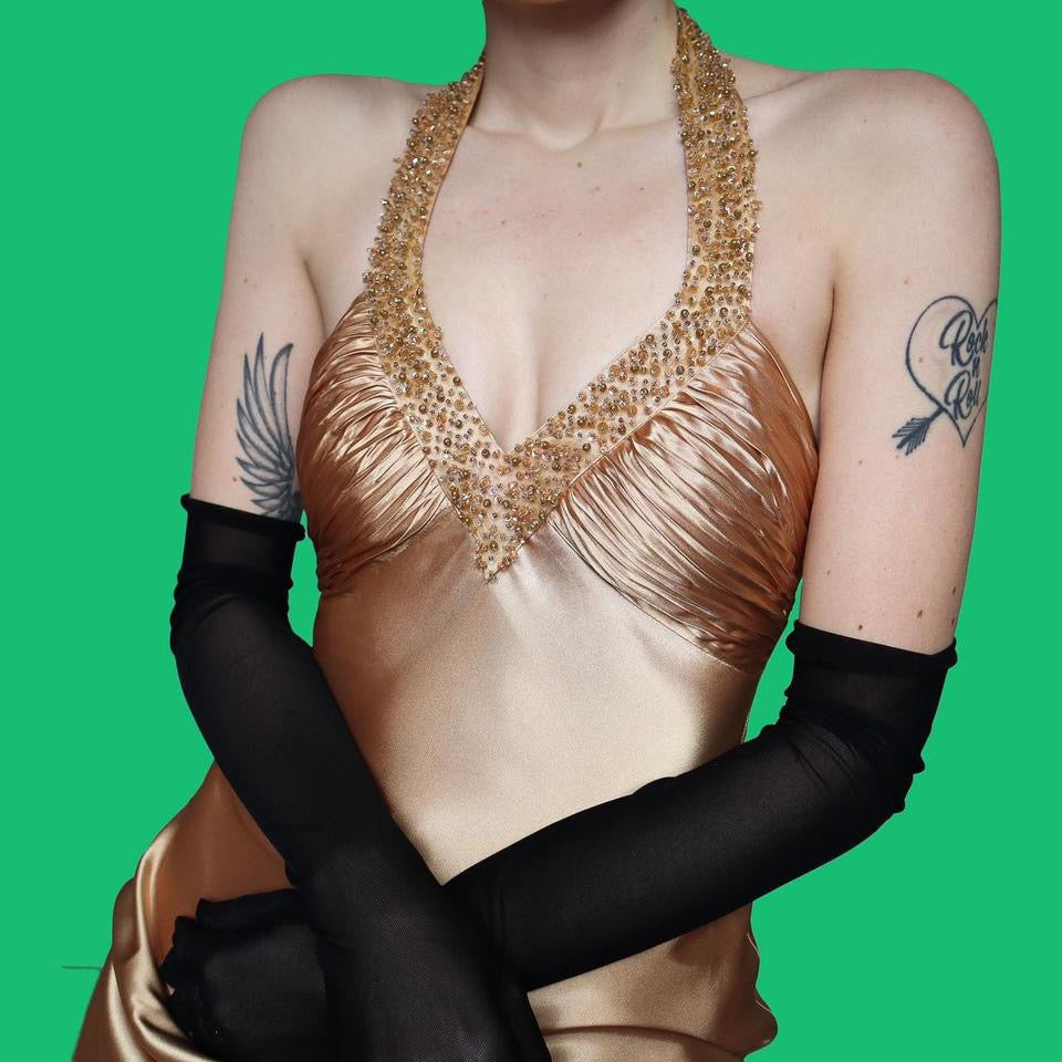 Gold silky halter neck evening dress UK 8