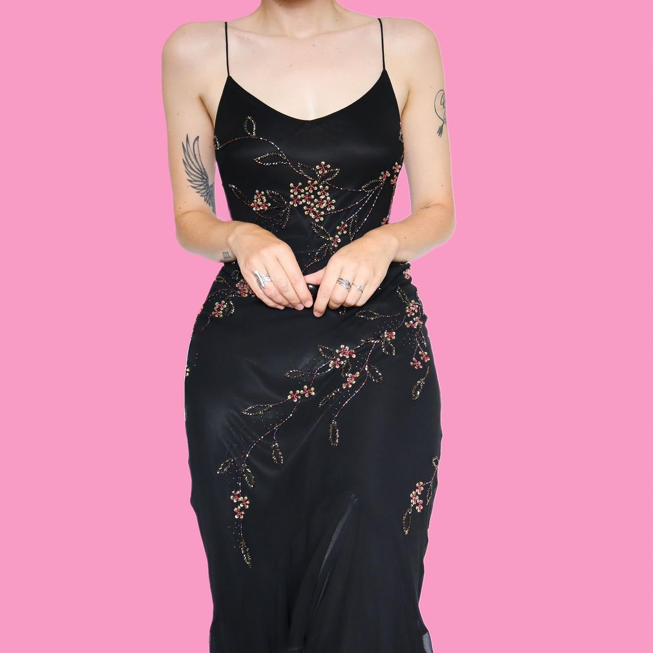Beautiful 100% silk black beaded slip midi dress UK 12