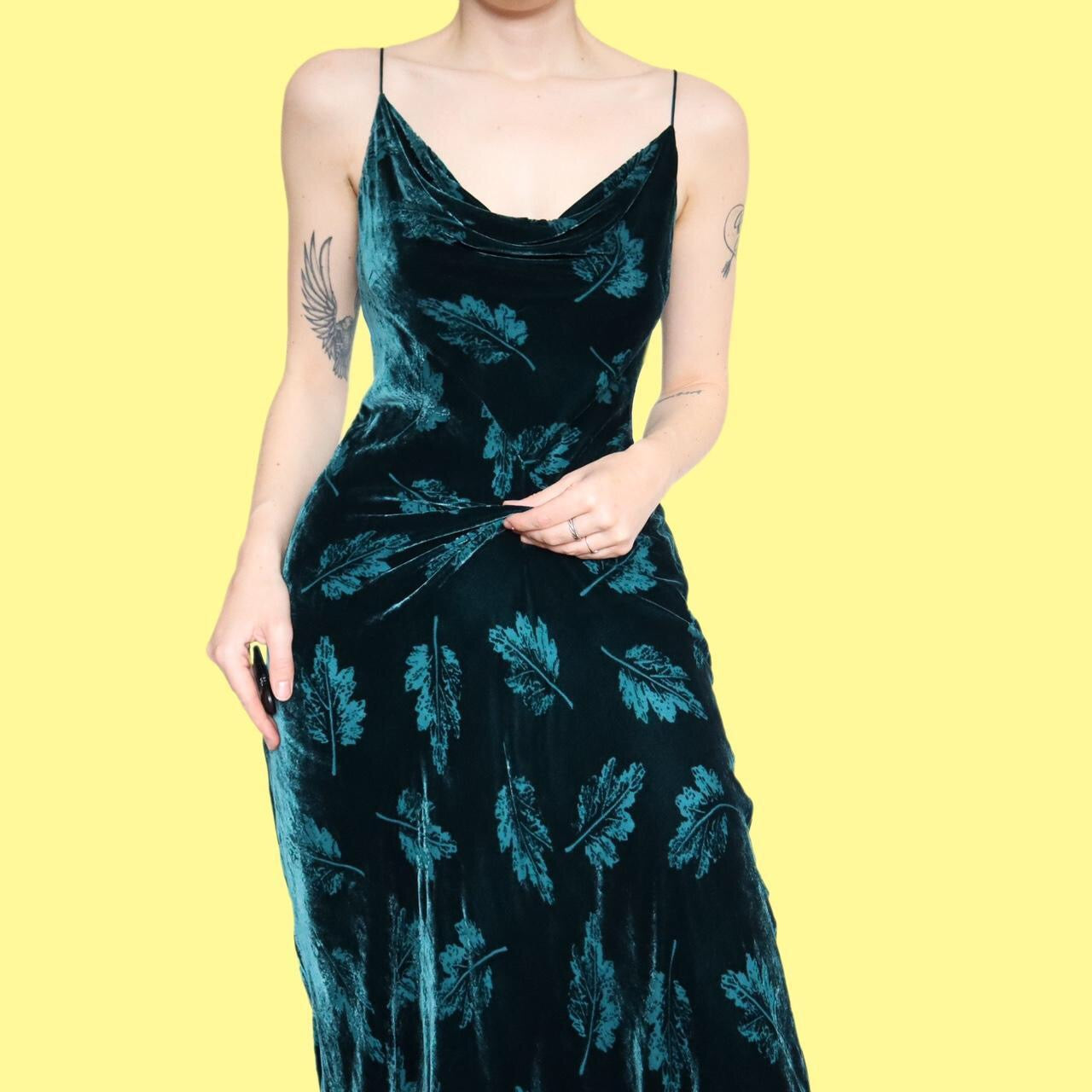 Beautiful silk blend teal leafy velvet slip dress UK 12