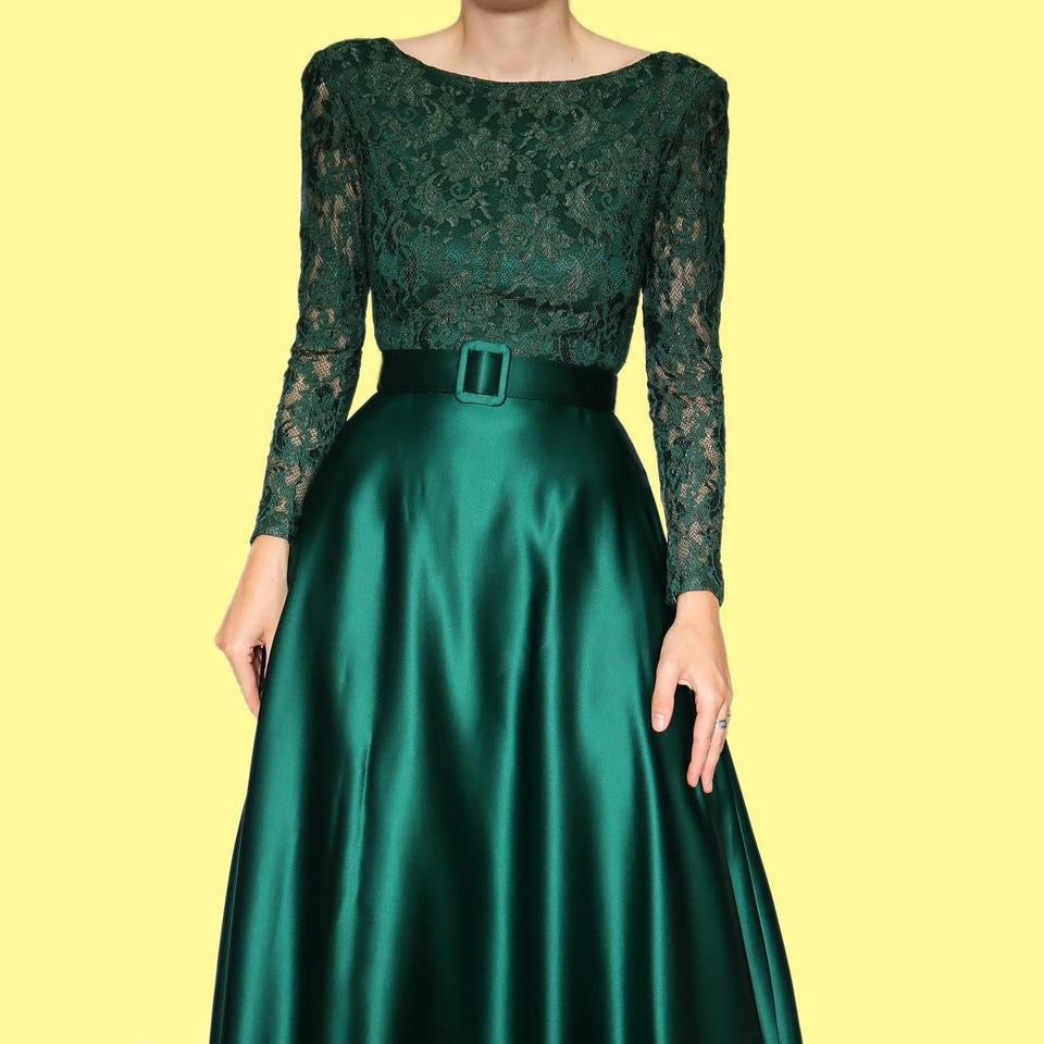 Green lace long sleeve a line evening dress UK 10