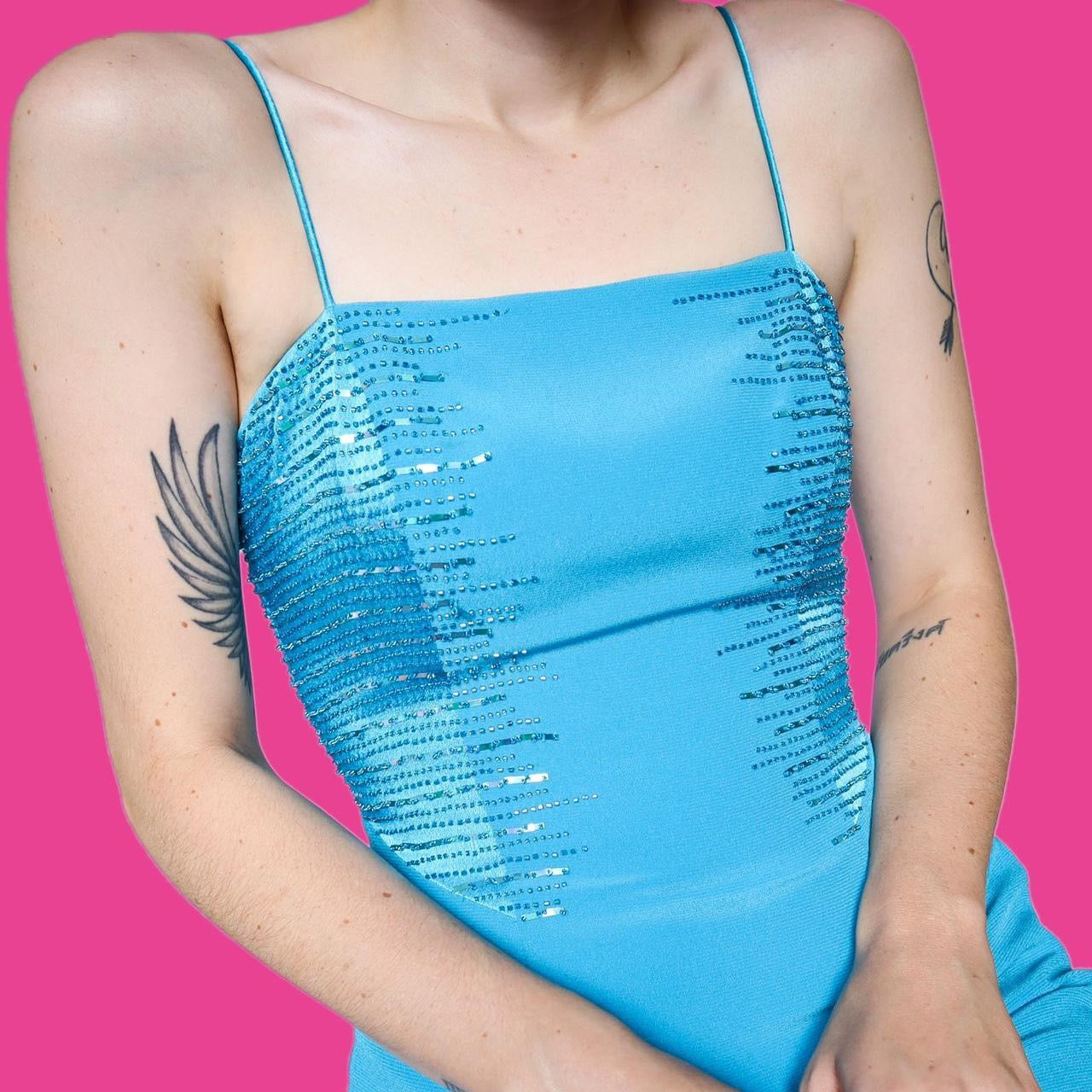 Sapphire beaded lace up back evening dress UK 10