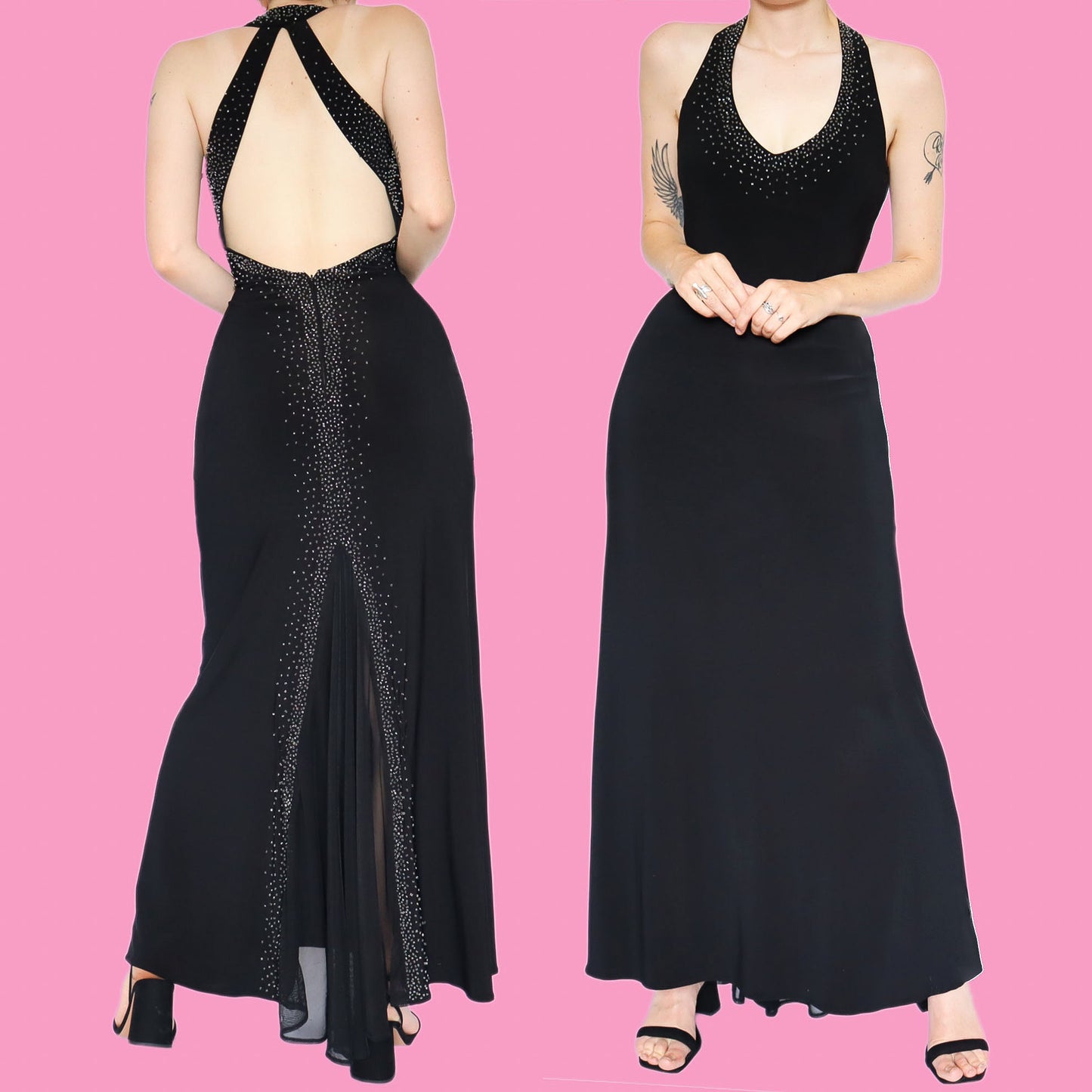 Beautiful black stretch beaded open back evening dress UK 14