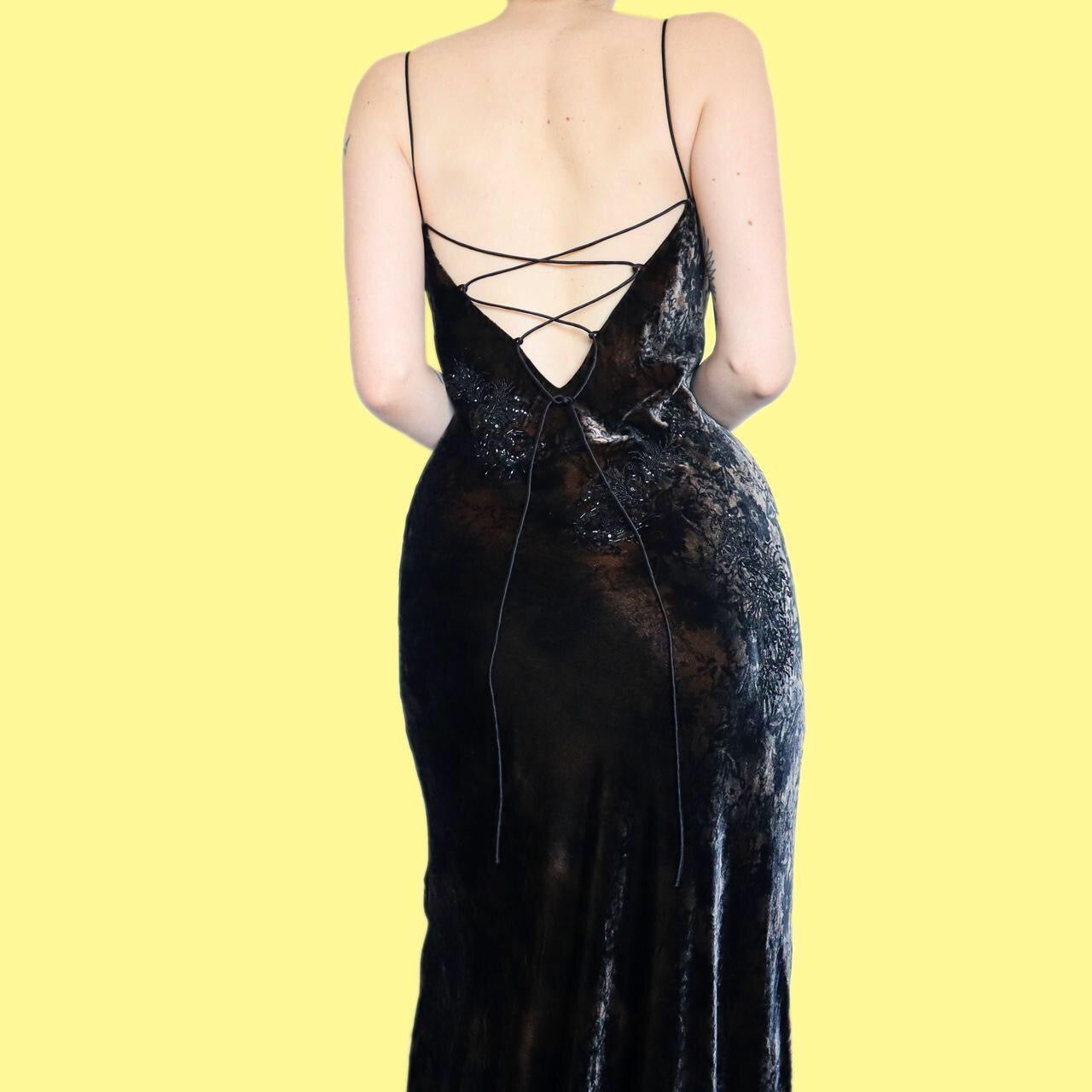 Beautiful silk blend brown & black velvet beaded evening dress UK 16