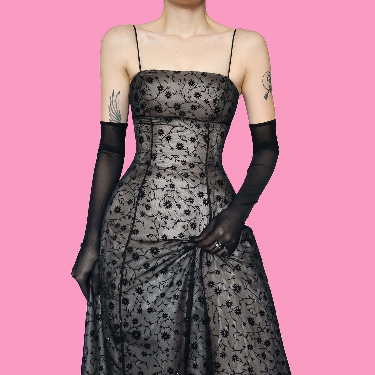 Black glittery floral a line prom dress UK 6