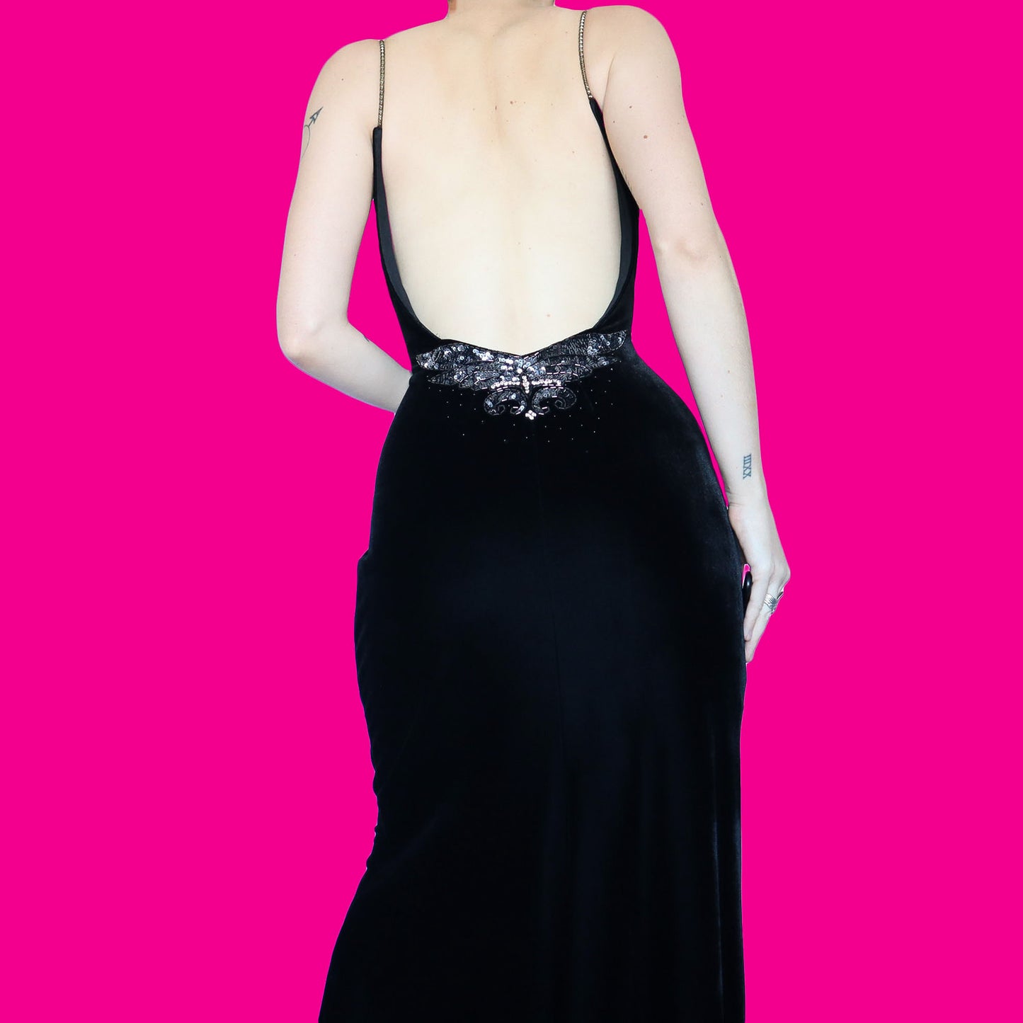 Black velvet low back evening dress UK 14