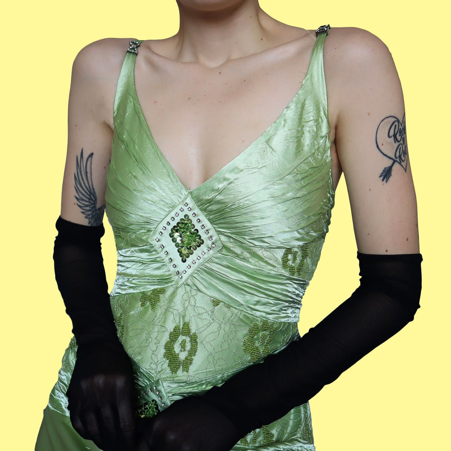 Green satin lace evening dress UK 14