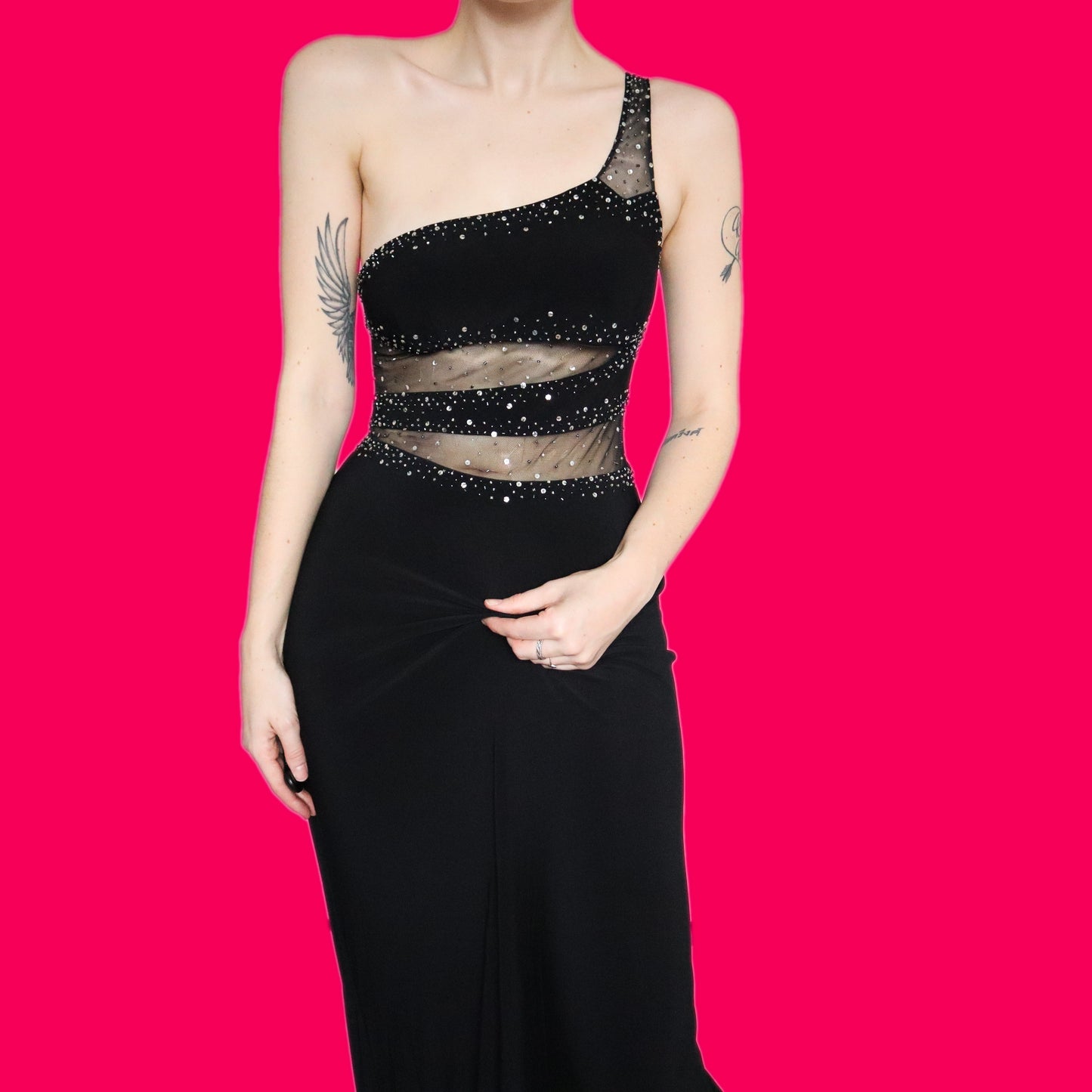 Stunning black stretch sheer panel evening dress UK 10