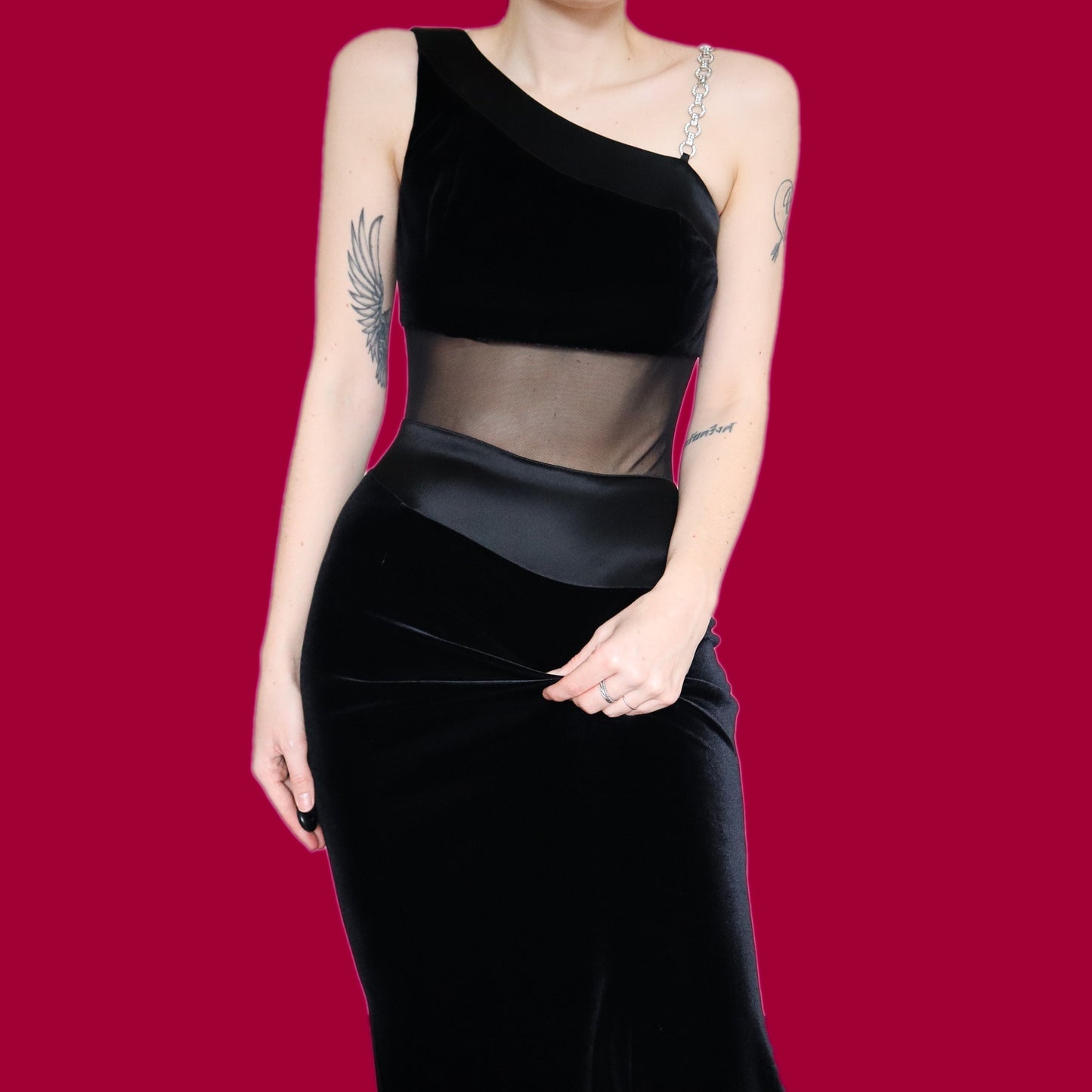 Stunning After Six by Ronald Joyce black velvet sheer panel evening dress UK 12