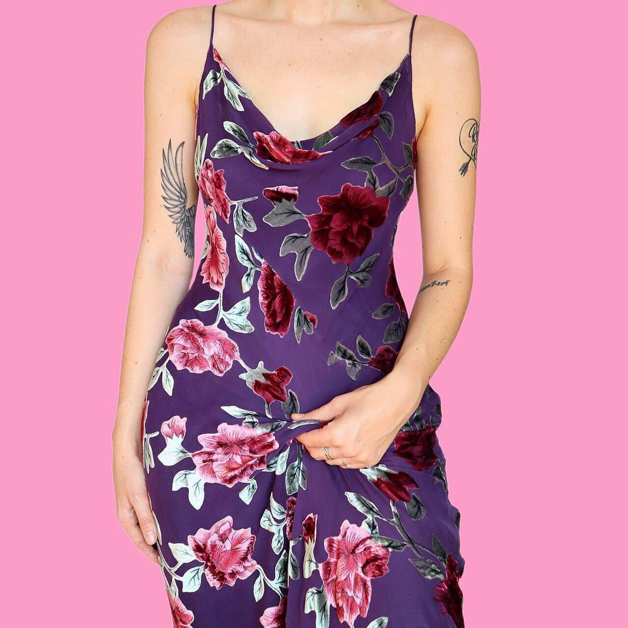 Beautiful silk blend purple velvet devore slip evening dress UK 14