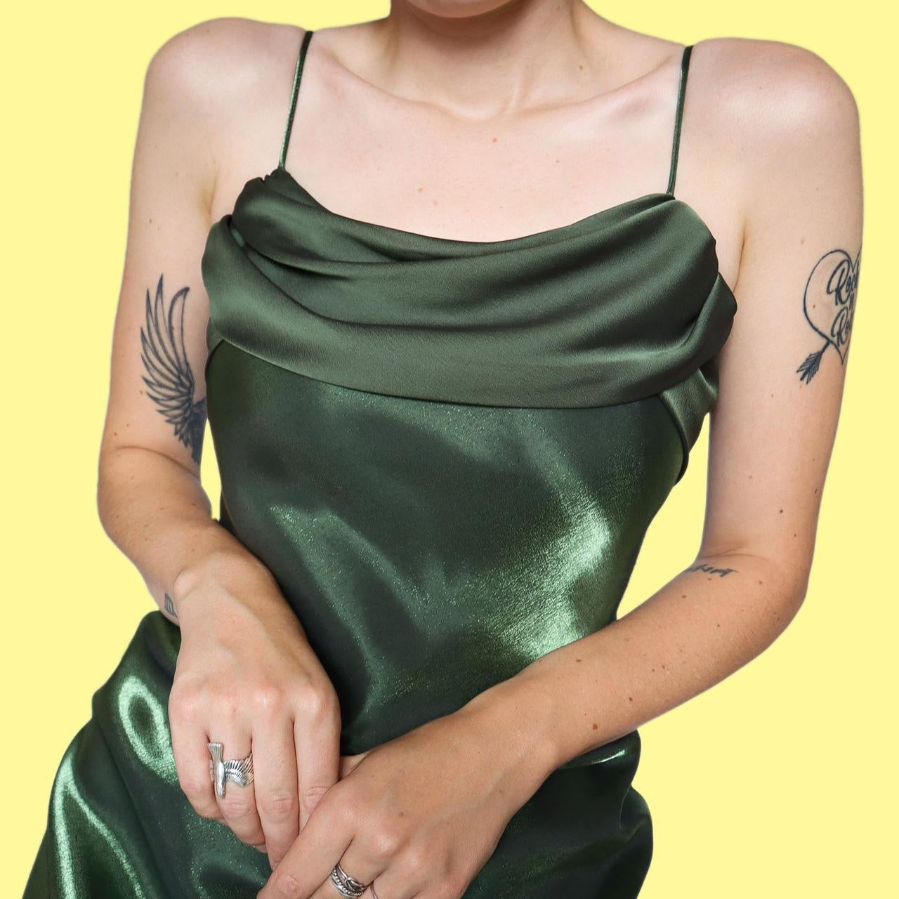 Green silky slip evening dress UK 8