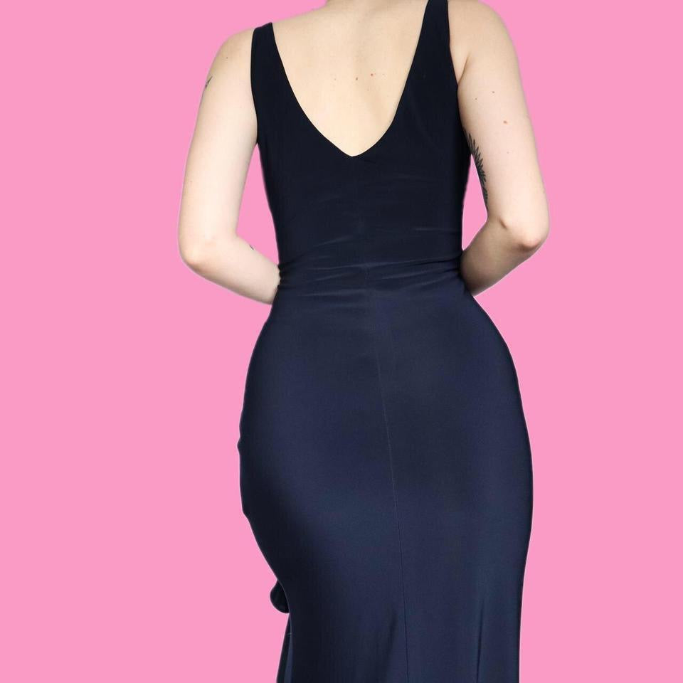 Navy stretch evening dress with satin frill UK 10