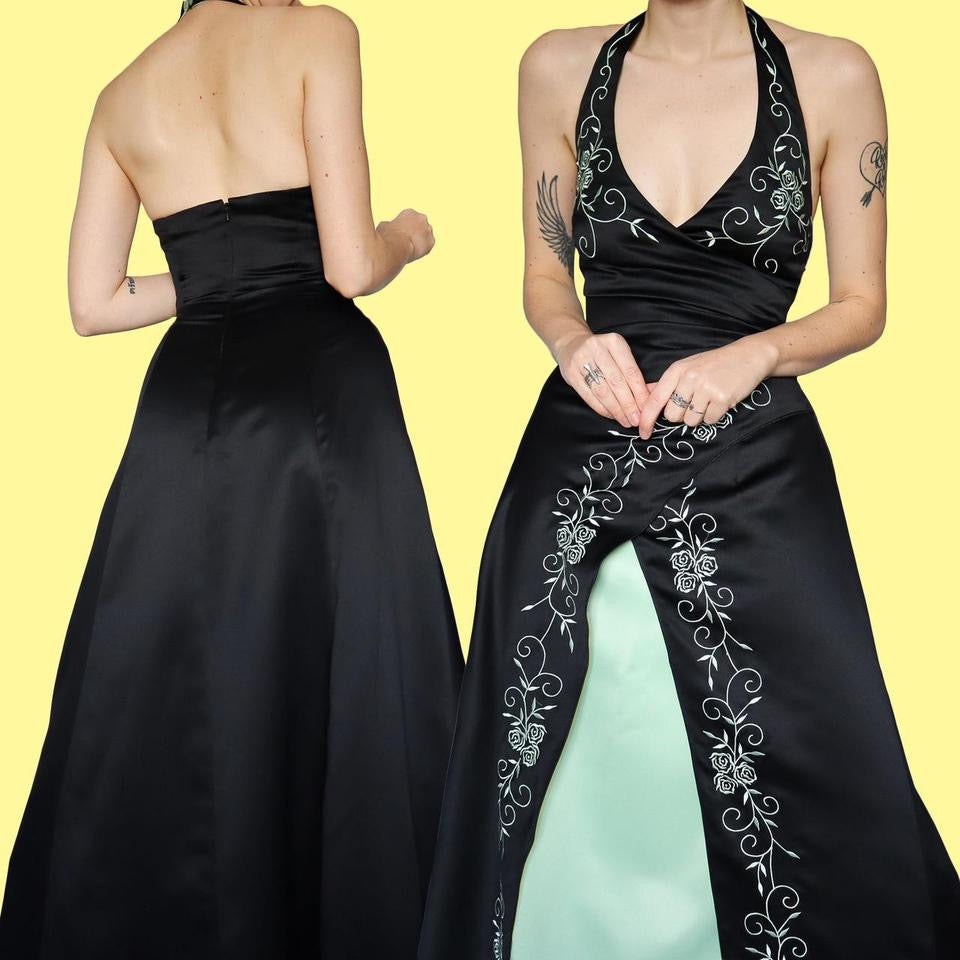 Green & black halter neck prom dress UK 10 & UK 12