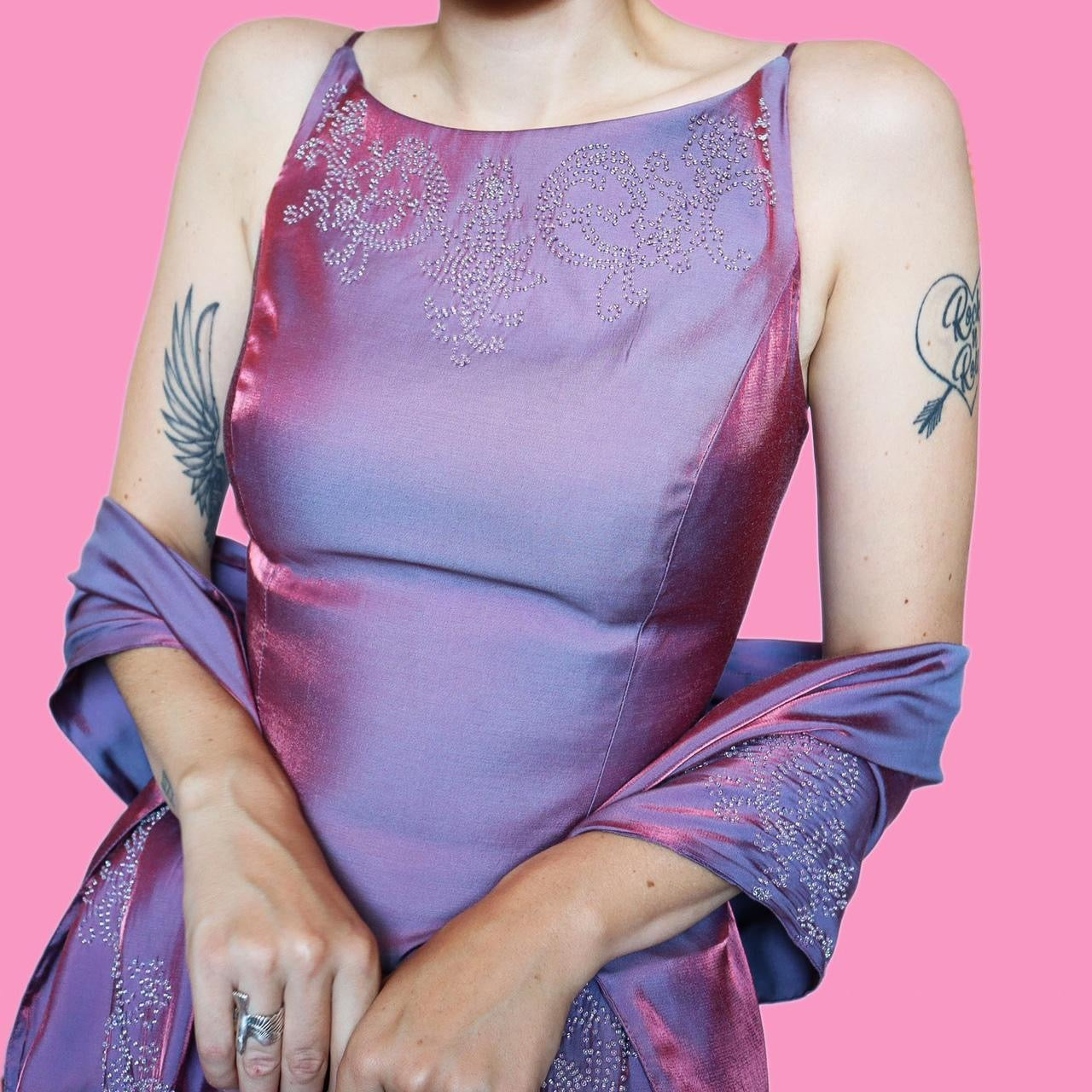 Lilac iridescent beaded evening dress with shawl UK 14