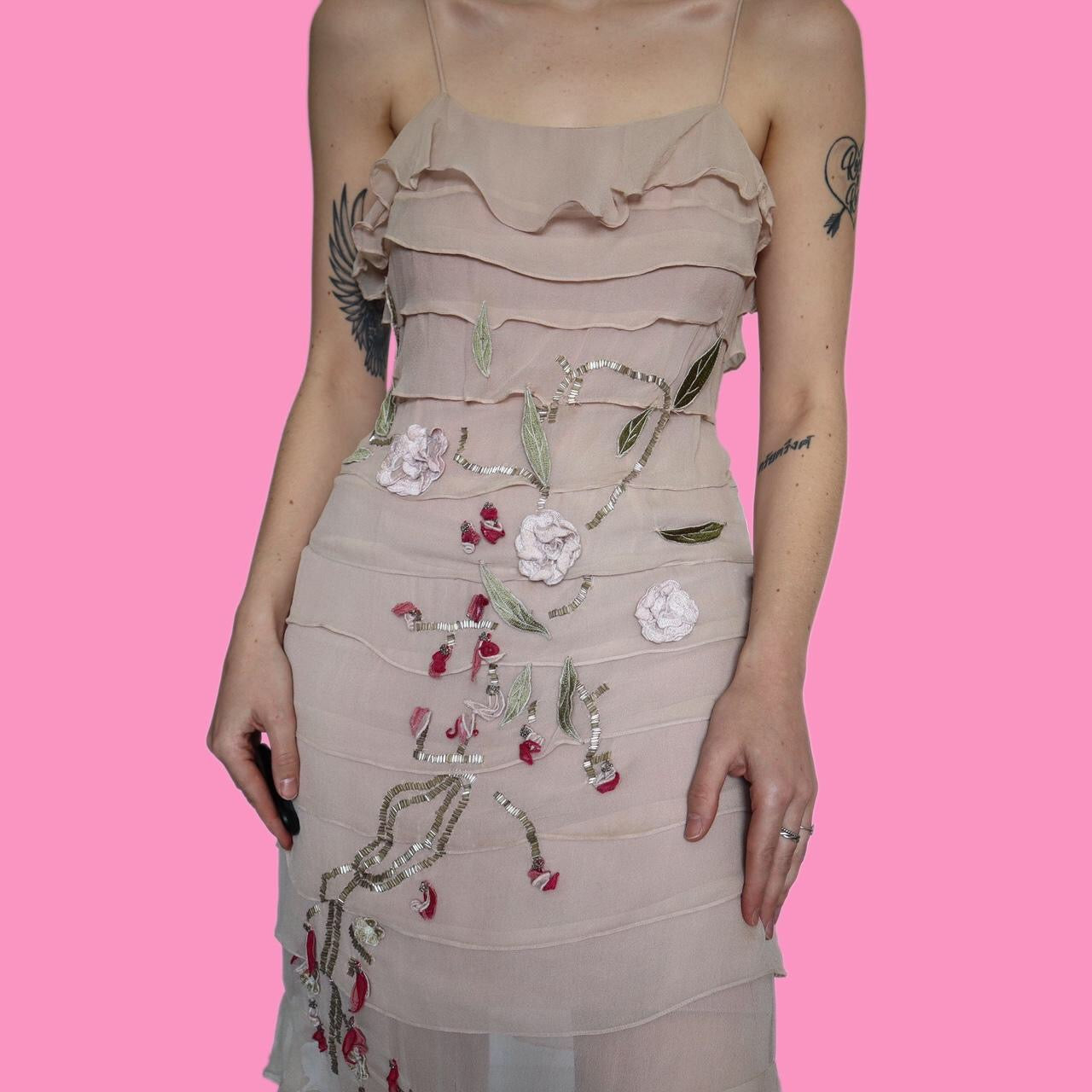 100% silk dusky pink layered mini dress UK 12