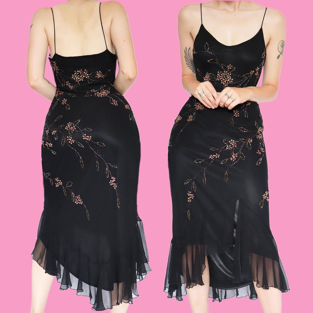 Beautiful 100% silk black beaded slip midi dress UK 12