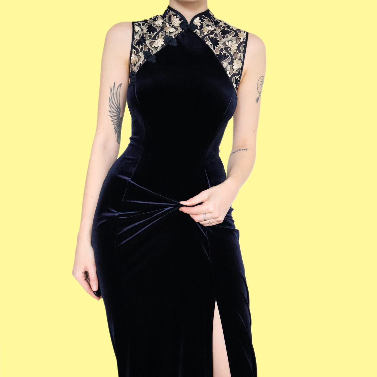 Beautiful YVE London navy velvet cheongsam style evening dress UK 14